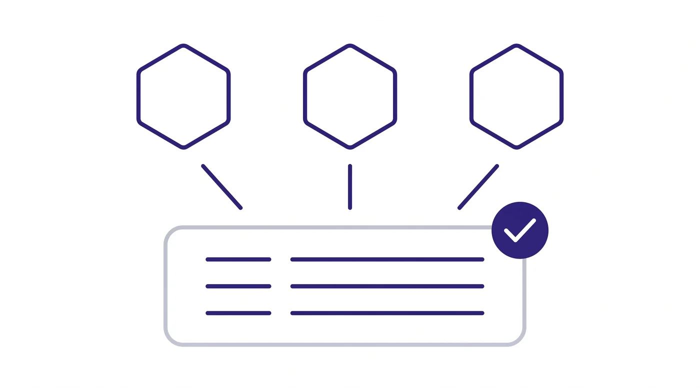 Three hexagons representing separate model vendors, each connected down into one audited register with a checkmark badge