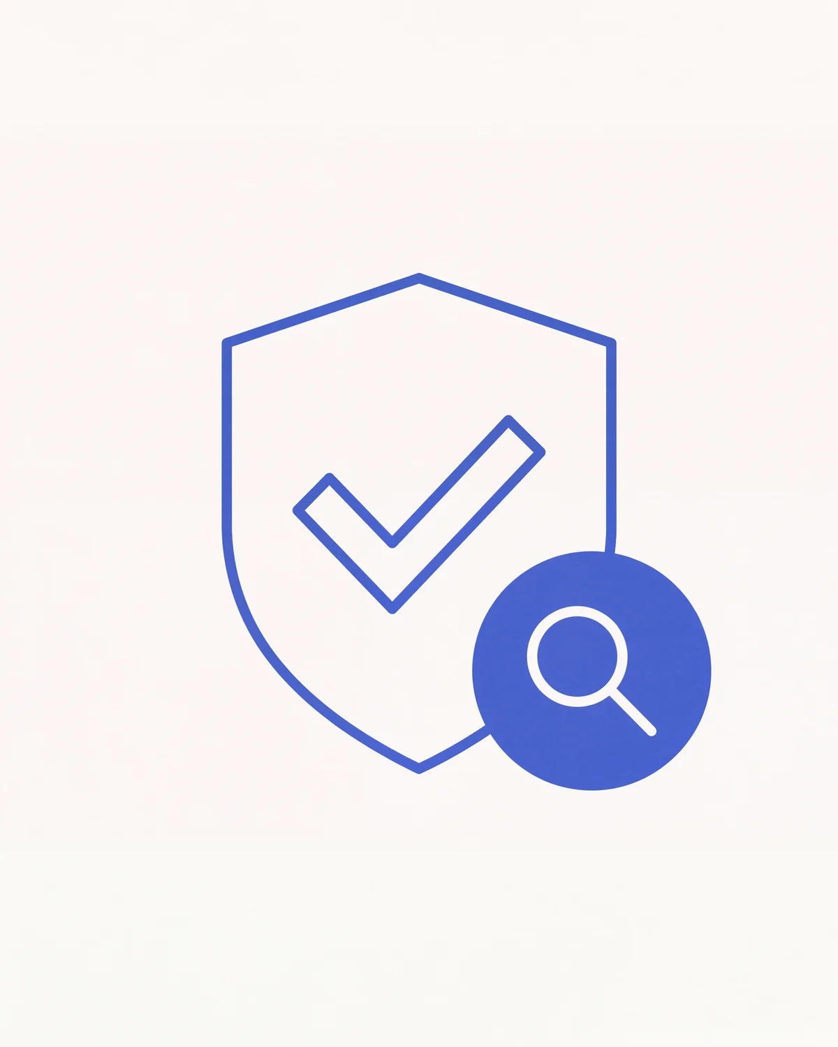 A shield with a checkmark, a magnifying glass badge overlapping its lower-right edge